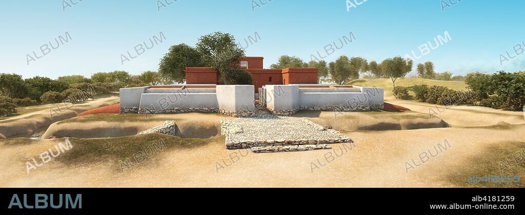 Santuario Tartésico de Cancho Roano. Reconstrucción ideal de este edificio de gran importancia dentro de los llamados edificios tartésicos ocultos bajo túmulo que se encuentran diseminados por el valle del Guadiana, del que se se ha representado la llamada Fase A de su existencia, a comienzos del siglo IV a.C. en el momento de su abandono ritual. Está situado en la localidad de Zalamea de la Serena (Badajoz) y se reconstruyó a partir del abundante material derivado de la excavación arqueológica. Vista frontal del santuario.