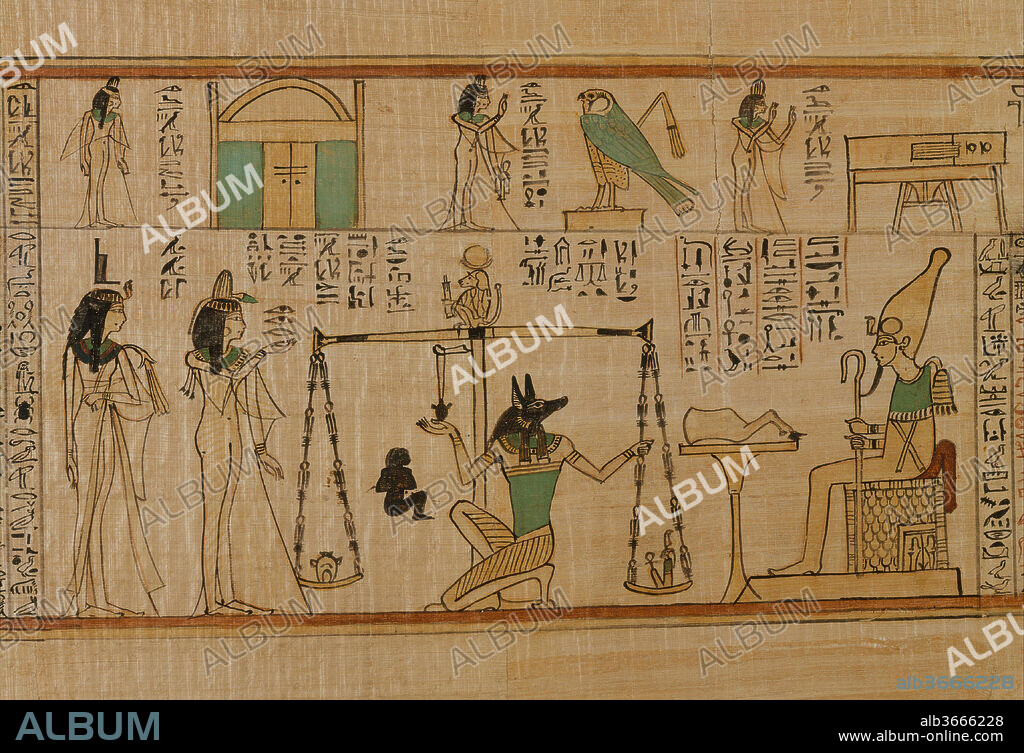 Book of the Dead for the Singer of Amun, Nany. Dimensions: L. 521.5 cm (206 5/16 in); H. 35 cm (13 3/4 in). Dynasty: Dynasty 21. Reign: reign of Psusennes I-II. Date: ca. 1050 B.C..
Archaeologists found this papyrus in the burial of Nany, a woman in her seventies. She was a singer of the god Amun-Re. Nany also had the title "king's daughter," which probably means that she was a child of the high priest of Amun and titular king, Painedjem I.  As was customary during the Third Intermediate Period, Nany's coffins (30.3.23-.25) and boxes of shabtis (30.3.26-.30) were accompanied by a hollow wooden Osiris figure, which contained a papyrus scroll inscribed with a collection of texts called the "Book of Coming Forth by Day" - better known to us as the Book of the Dead.  When unrolled, this scroll is more than seventeen feet long.

The scene depicted here shows the climax of the journey to the afterlife. Nany is in the Hall of Judgment. Holding her mouth and eyes in her hand, she stands to the left of a large scale. Her heart is being weighed against Maat, the goddess of justice and truth, who is represented as a tiny figure wearing her symbol, a single large feather, in her headband. On the right, Osiris, god of the underworld and rebirth, presides over the scene. He wears the white crown of Upper Egypt and the curving beard of a god. His body is wrapped like a mummy except for his hands, which clasp a crook. On the table before him is an offering of a joint of beef. Canine-headed Anubis, overseer of mummification, adjusts the scales, while a baboonsymbolizing Thoth, the god of wisdom and writingsits on the balance beam and prepares to write down the result. Behind Nany stands the goddess Isis, both wife and sister of Osiris. She is identified by the hieroglyph above her head.
In this scene, Nany has been found truthful and therefore worthy of entering the afterlife. Anubis says to Osiris, "Her heart is an accurate witness, "and Osiris replies," Give her her eyes and her mouth, since her heart is an accurate witness." In the horizontal register above the judgment scene, Nany appears in three episodes: worshipping the divine palette with which all is written, praising a statue of Horus in his falcon form, and standing by her own tomb.