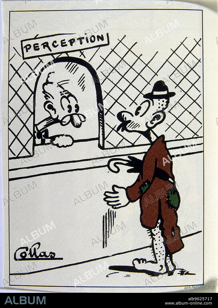 Cartoon illustration of a man looking into a bank teller's window labelled "Perception". Singed Collas.