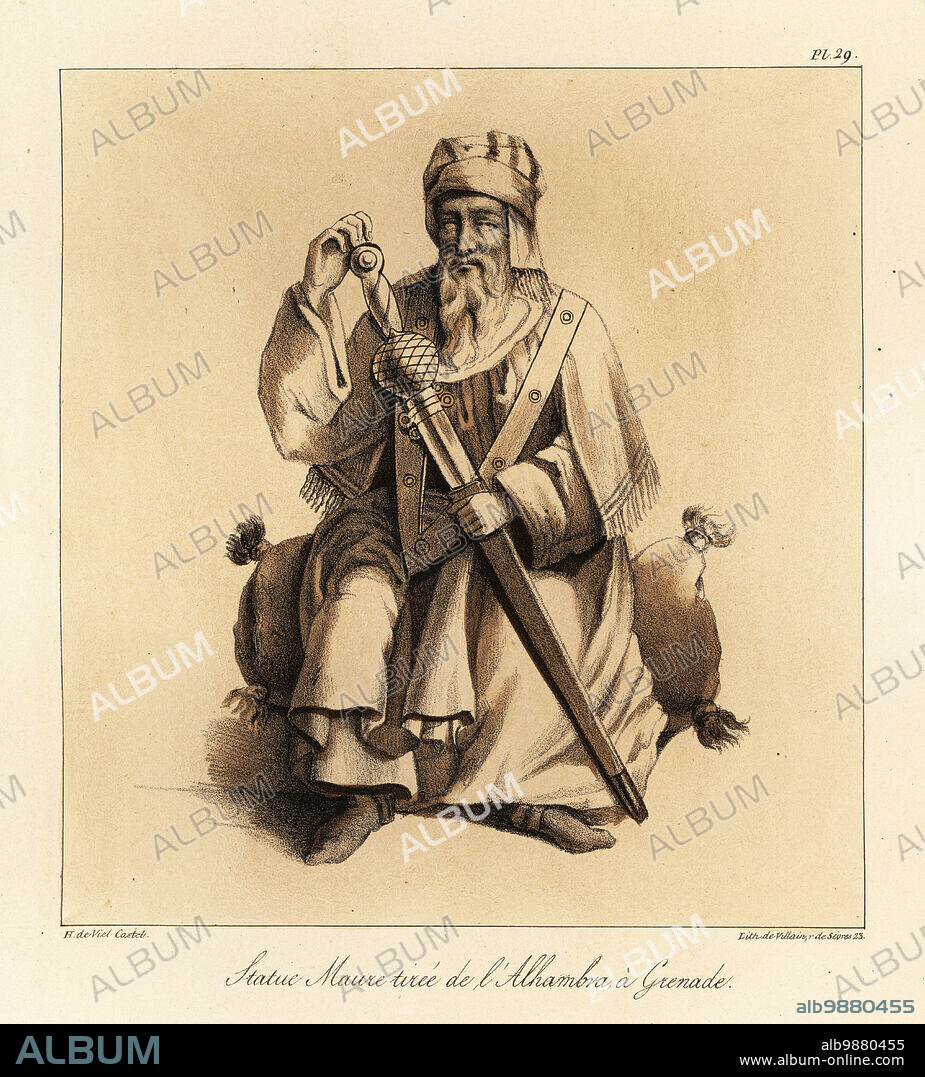 Moor or Arab man in robes with sword from a gilt ceiling fresco of court life in the Alhambra Palace, Granada, Spain, 13th century. Statue Maure tiree de lAlhambra a Grenade. Tinted lithograph by Villain after an illustration by Horace de Viel-Castel from his Collection des costumes, armes et meubles pour servir à l'histoire de la France (Collection of costumes, weapons and furniture to be used in the history of France), Treuttel & Wurtz, Bossange, 1827.