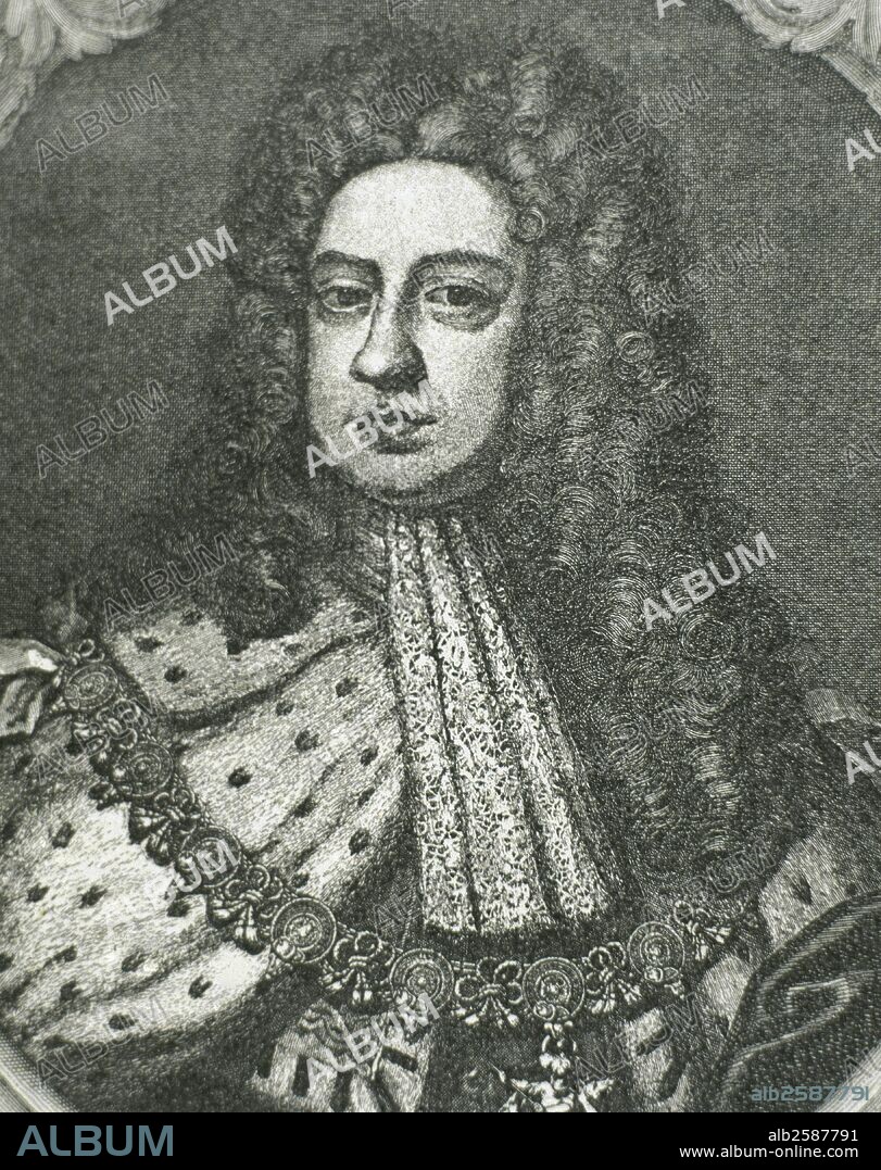JORGE II (Hannover,1683-Londres,1760). Rey de Gran Bretaña e Irlanda y elector de Hannover (1727-1760), hijo y sucesor de Jorge I. Intervino en la batalla de Oudenarde (1708), y fue el último rey inglés que mandó sus tropas en el campo de combate, lo que ocurrió en Dettingen, en 1743. Grabado.