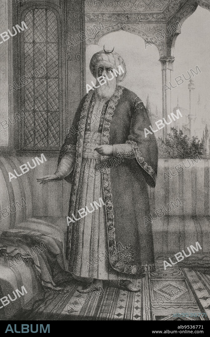 Muley Abderrahman (1778-1859). Emir de Marruecos (1822-1859). Dinastía Alauita. Retrato. Litografía por Martínez y M. Iglesias. Reyes Contemporáneos. Tomo I. Publicado en Madrid, 1855.