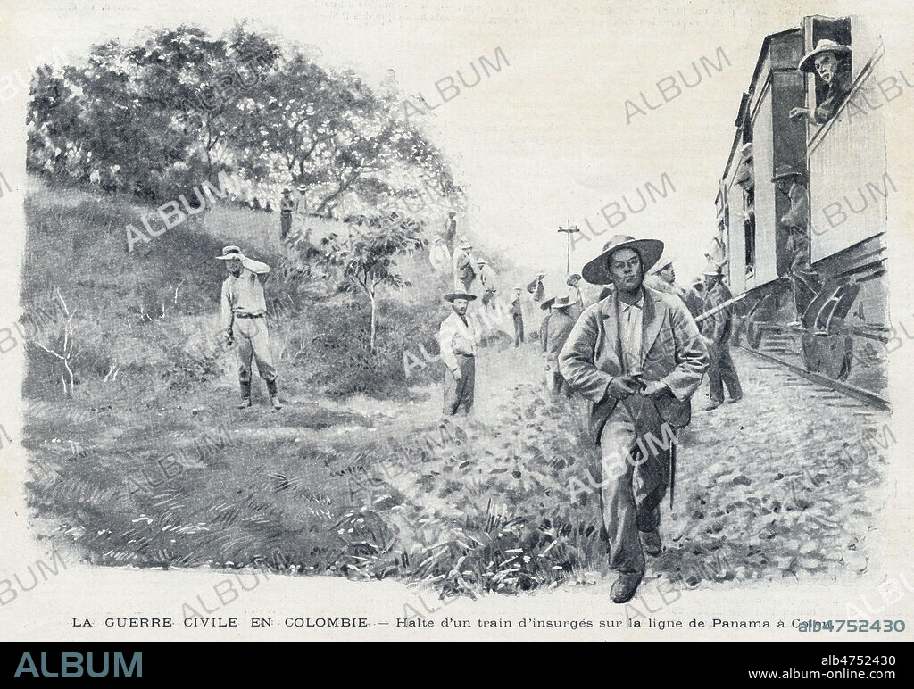 La guerre civile en Colombie. Halte d'un train d'insurges sur la ligne dez Panama a Colon. Illustration anonyme pour L'Illustration du 15 fevrier 1902. Credit : Collection KHARBINE-TAPABOR.
