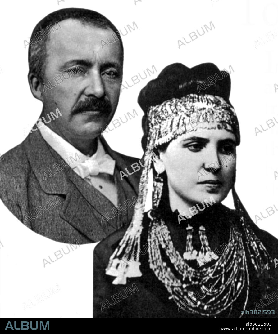 Heinrich Schliemann ( January 6, 1822 - December 26, 1890) was a German archeologist and discoverer of the ruins of the legendary city of Troy. After finishing his formal education at 14, he went into business and made his fortune. In 1863 he retired and devoted himself to the task of proving the truth behind ancient Greek legends, particularly the account of the Trojan War in Homer's Iliad. He needed an assistant who was knowledgeable in matters pertaining to Greek culture. He was introduced to 17 year old Sophia Engastromenos (1852-1932). He married her in 1869, despite the 30 year difference in age. (Sophia is shown wearing treasures recovered at Hisarlik). In 1870 Schliemann discovered the ruins of Troy at Hissarlik in Turkey. He later excavated the ruins of Mycenae (1876-78), Ithaca (1878), Orchomenus (1881-82) and Tiryns (1884-85). Schliemann's work proved that much of the Iliad is based on fact. In late 1890, he had an operation on his chronically infected ears. On Christmas Day he collapsed into a coma and died in a Naples hotel room. He was 68 years old.