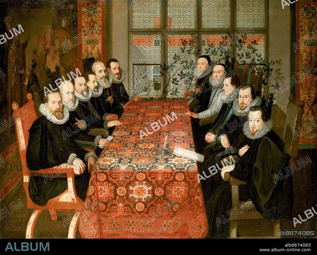 Conferencia de Somerset House, 1604, óleo sobre tela, 2445 x 3075 mm. Conversaciones diplomáticas hispano-inglesas que resultaron en la firma del tratado de Londres de 1604, por el que se puso fin a la guerra entre ambos países. A la derecha la delegación inglesa: Thomas Sackville (junto a la ventana), Charles Howard, Charles Blount, Henry Howard y Robert Cecil. A la izquierda la delegación hispano-flamenca: Juan de Velasco (junto a la ventana), Juan de Tassis y Acuña, Alessandro Robido, Charles de Ligne, Jean Richardot y Louis Verekyn.