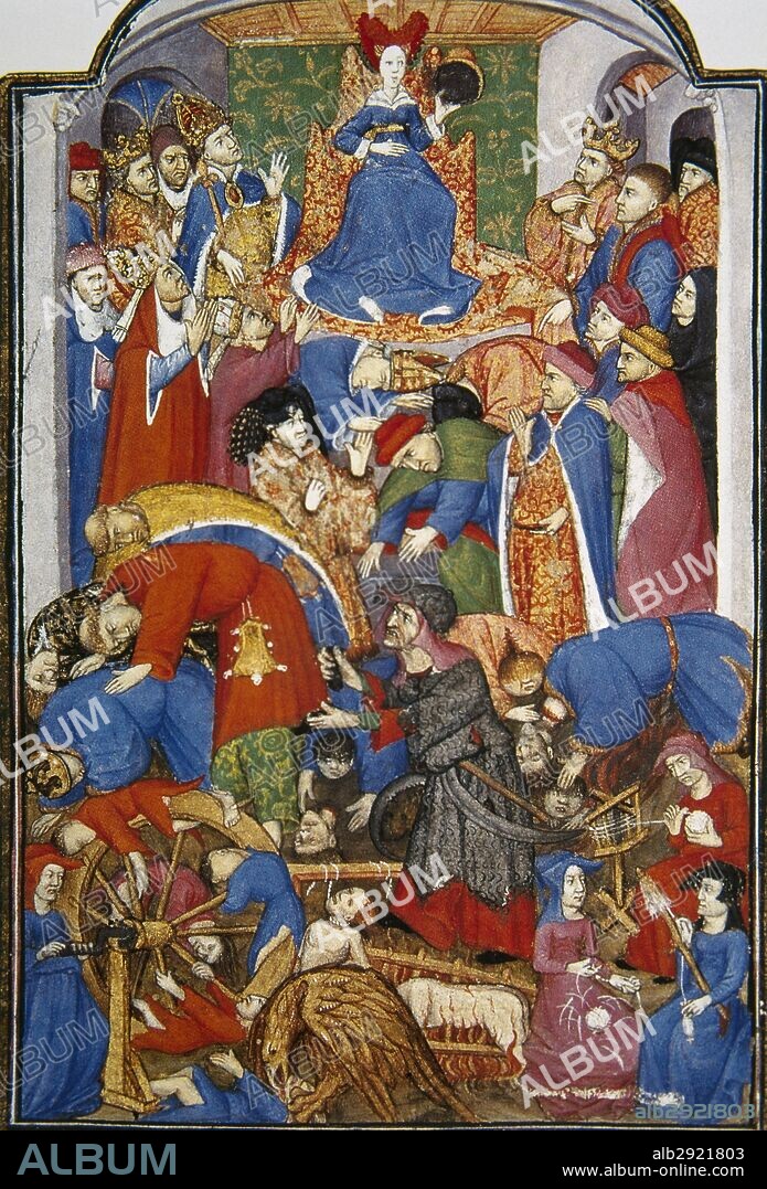 Wheel of Fortune or Rota Fortuane. Concept in medieval and anceint philosophy referring to the capricious nature of Fate. Miniature, 15th century. France.