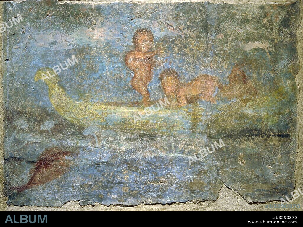 Roman fresco depicting a Nilotic scene with three pygmies in a papyrus boat among water lilies and large fish. Second half of the 1st century AD. House of Julia Felix II, 4, 3. Nymphaeum. From Pompeii. National Archaeological Museum. Naples. Italy.