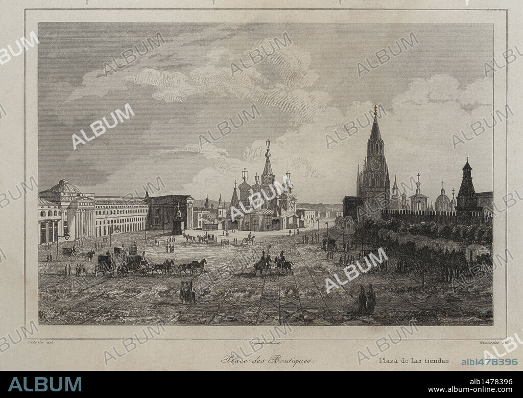 Vista general de la antigua plaza de las tiendas, actualmente Plaza Roja, en Moscú (Rusia), ciudad en la que vivió y murió el compositor Serguei Sergueievich Proköfiev. Grabado de la primera mitad del siglo XIX.