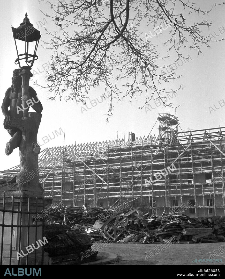 Reconstruction works at the ruin of Schloss Bellevue, which was destroyed during the Second World War, in West Berlin, in November 1954. The building was reconstructed in the years from 1954 to 1959 as the official residence of the Federal President. 10/11/1954