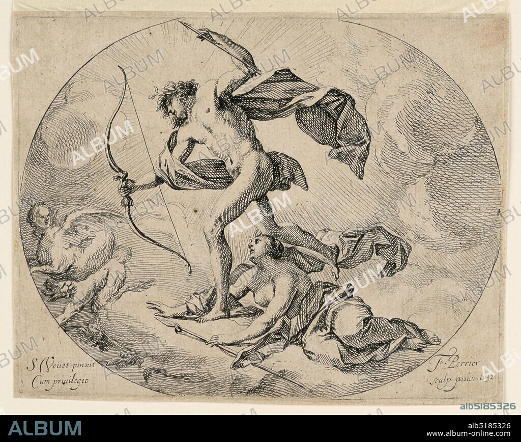 Apollo and Diana Chasing the Harpies, François Perrier, French, 1594 - 1649, Simon Vouet, French, 1590 - 1649, Engraving on paper, Within an oval frame, Diana is seated on a cloud near Apollo, who pursues the Harpies with bow and arrow., France, 1632, Print, Print.