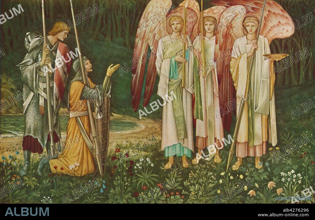 JOHN HENRY DEARLE y SIR EDWARD COLEY BURNE-JONES. 'The Vision of the Holy Grail', 1891. Drawing executed for 'The Attainment: The Vision of the Holy Grail to Sir Galahad, Sir Bors, and Sir Perceval', one of a series of six tapestries made by Morris & Co, illustrating the story of the Grail quest in Sir Thomas Malory's "Le Morte d'Arthur". The composition and figures were designed by Edward Burne-Jones, the heraldry was by William Morris, with floral details and backgrounds by John Henry Dearle. The tapestry is part of the collection of the Birmingham Museum & Art Gallery. From "Modern Art Monographs".