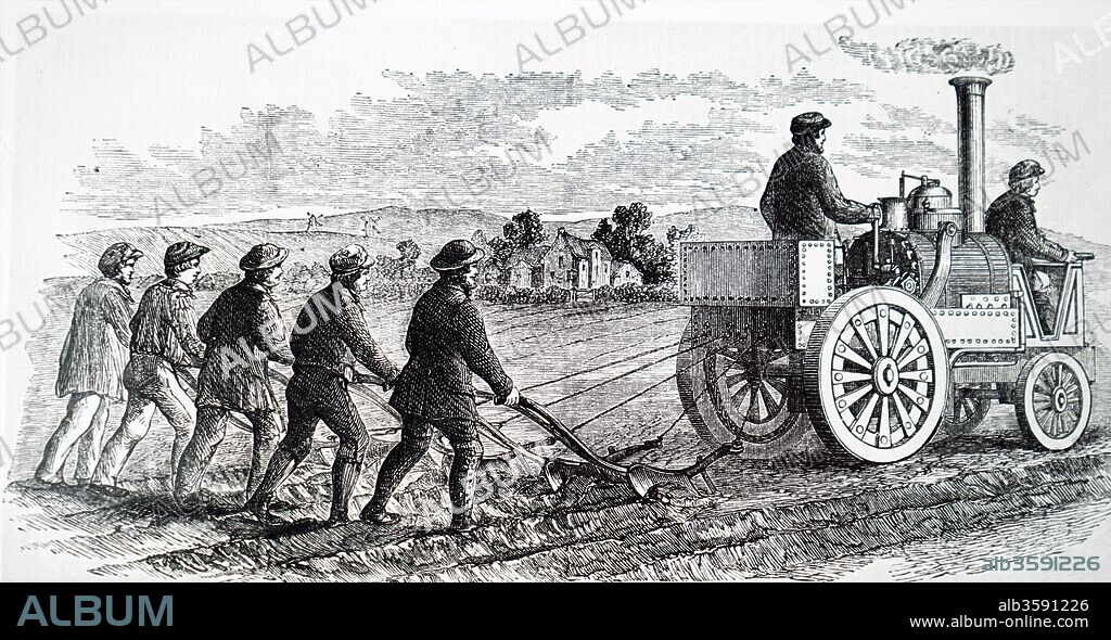Engraving depicting Giles' steam bull, a steam locomotive, being used to pull five single furrow ploughs. Dated 19th Century.