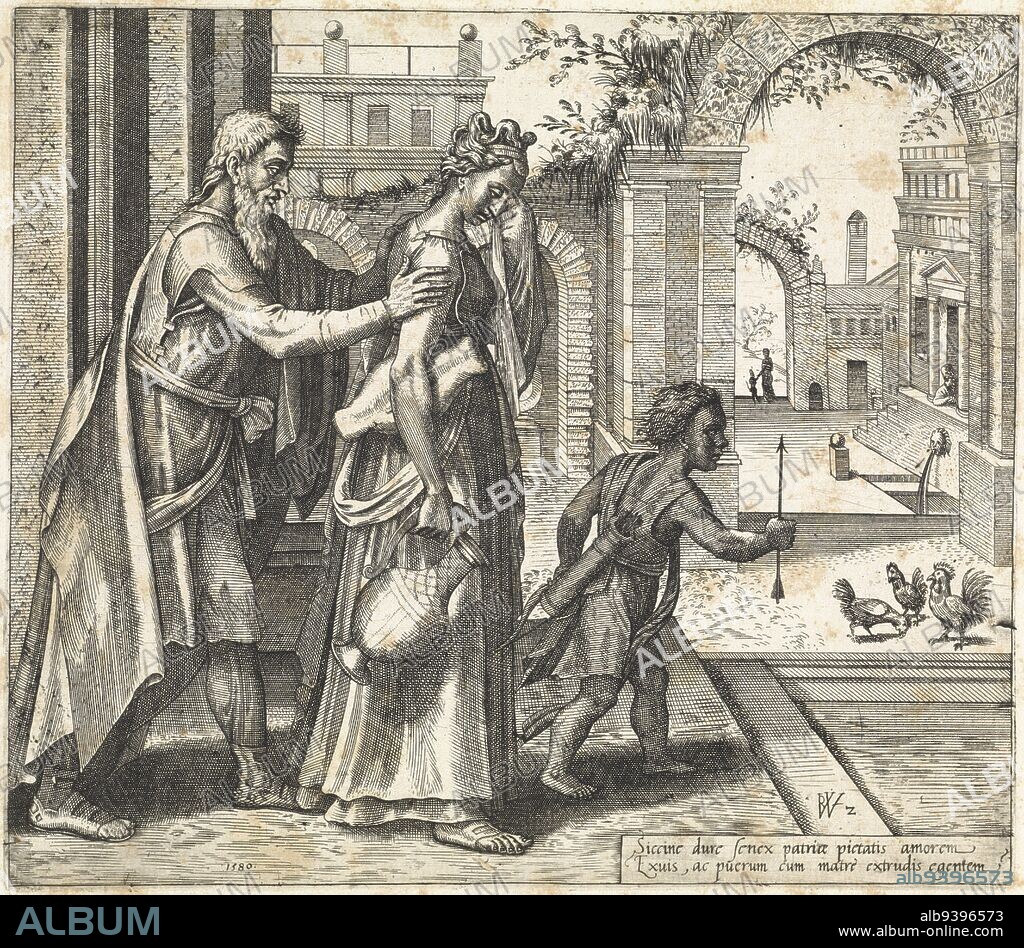 Abraham sends Hagar and Ishmael away, after giving them a jar of water and a loaf of bread. In the background they are leaving the gate. Based on the Bible text in Gen. 21: 14. Bottom right a two-line explanation in Latin, Expulsion of Hagar and Ishmael History of Hagar and Ishmael (series title)., print maker: Willem Thibaut, (mentioned on object), Haarlem, 1580, paper, etching, engraving, h 208 mm × w 237 mm.