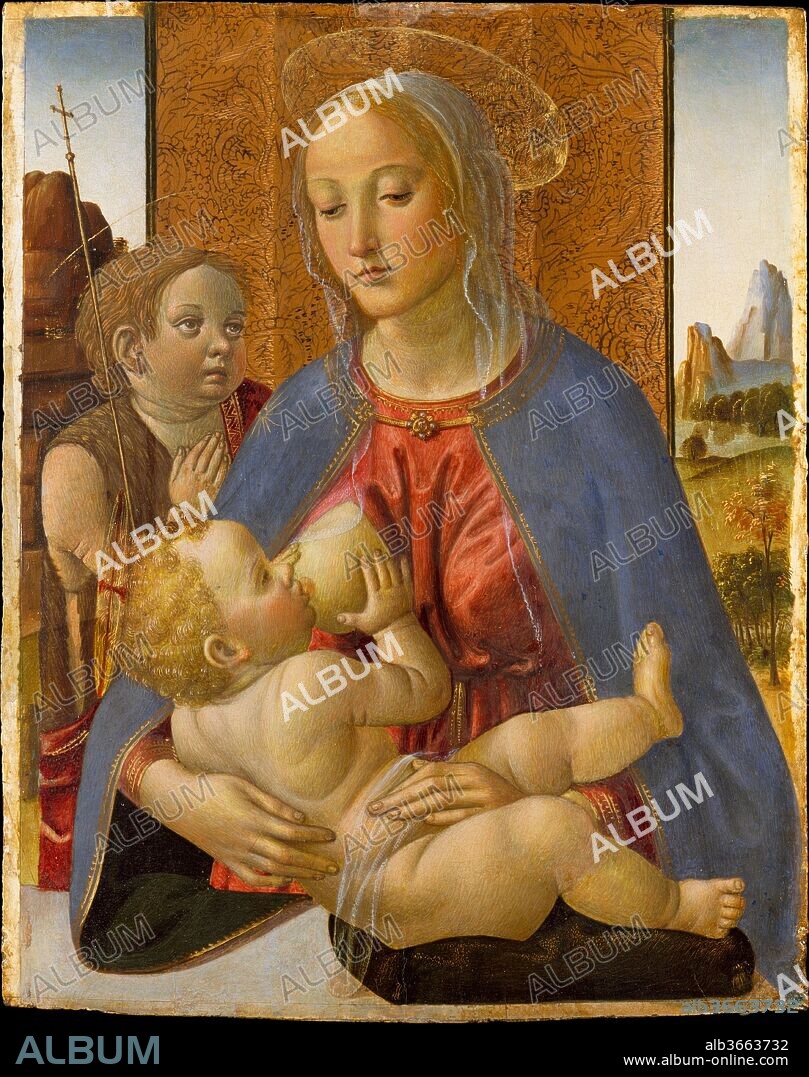 1439-1507) COSIMO ROSSELLI (PEINTRE. Madonna and Child with the Young Saint John the Baptist. Artist: Cosimo Rosselli (Italian, Florence 1440-1507 Florence). Dimensions: Overall 17 7/8 x 14 1/8 in. (45.4 x 35.9 cm); painted surface 17 1/4 x 13 1/2 in. (43.8 x 34.3 cm). Date: ca. 1490.
