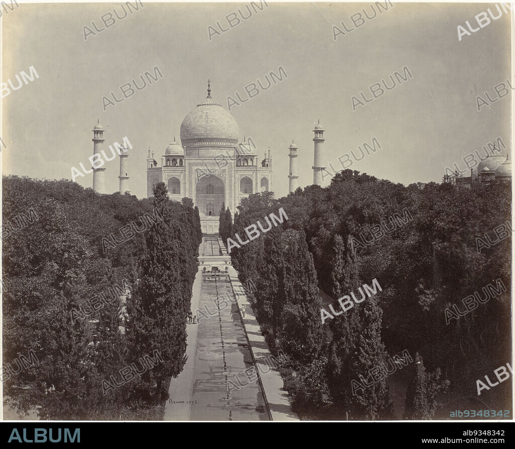 View of the Taj Mahal in Agra, India, Taj and Garden, from the Entrance Gate (original title), The Taj Mahal, one of seven modern wonders of the world, is an example of architecture from the Mogul Empire. The mausoleum was built by Emperor Shah Jahah. The photo shows how the area around the monument was densely vegetated in the nineteenth century, today it is an open plain., Samuel Bourne (signed by artist), Agra, 1863 - 1865, paper, albumen print, height 236 mm × width 288 mm.