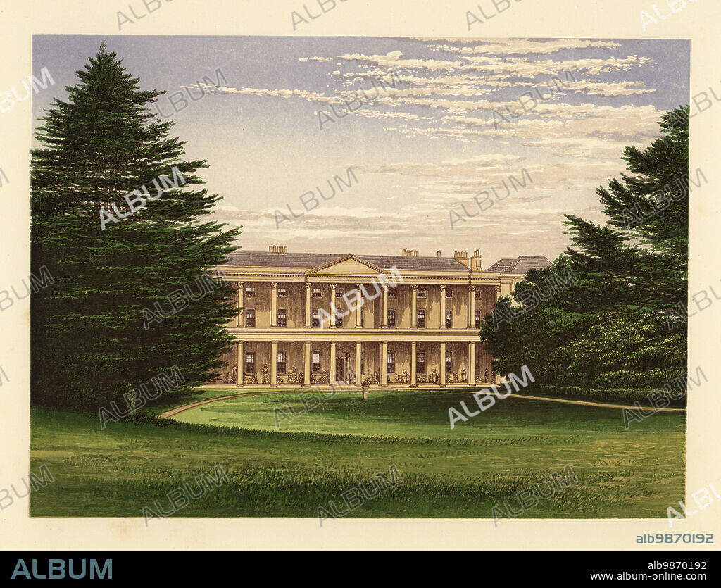 West Wycombe House, Buckinghamshire, England. Neoclassical house, mausoleum and church built in the 18th century by Sir Francis Dashwood, rake and politician, founder of the Dilettanti Society and Hellfire Club. Home of Sir George Henry Dashwood, slave owner in the West Indies (353 enslaved people in Barbados). Colour woodblock by Benjamin Fawcett in the Baxter process of an illustration by Alexander Francis Lydon from Reverend Francis Orpen Morriss Picturesque Views of the Seats of Noblemen and Gentlemen of Great Britain and Ireland, William Mackenzie, London, 1880.