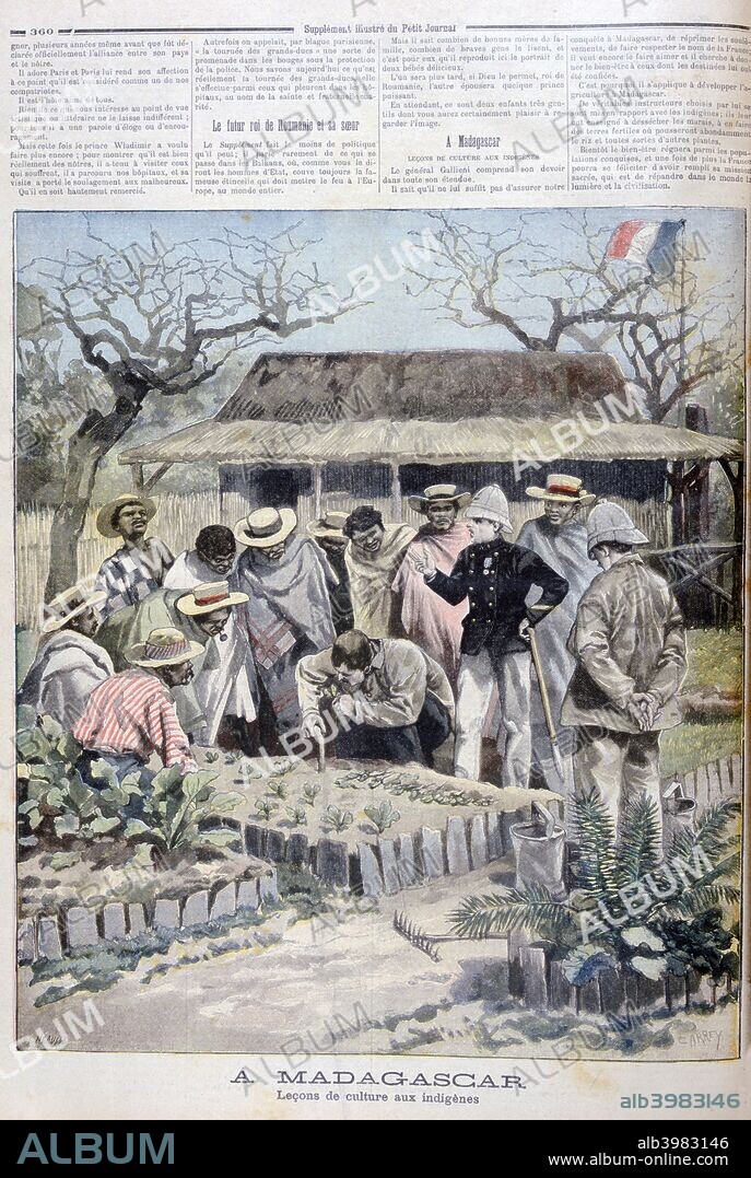 Agricultural lesson for the indigenous people of Madagascar, 1897. An illustration from Le Petit Journal, 7th November 1897.