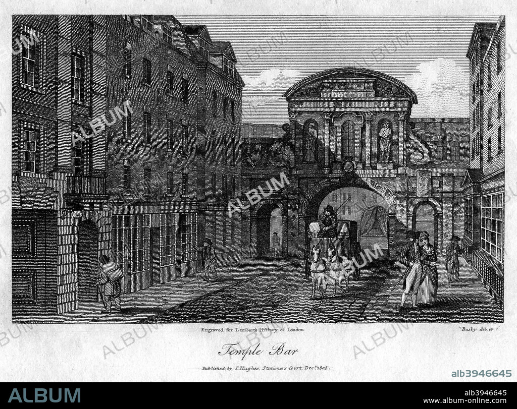 Temple Bar, London, 1805. The Temple Bar stood at the junction of Fleet Street and The Strand and marked the western boundary of the City of London. The gate was rebuilt by Sir Christopher Wren in the 1670s. It was moved in 1878 in the interest of road widening in and re-erected two years later as the gate to Theobalds Park, the home of the brewer Henry Meux in Cheshunt, Hertfordshire. In 2004 it was brought back to London as part of the Paternoster Square redevelopment.