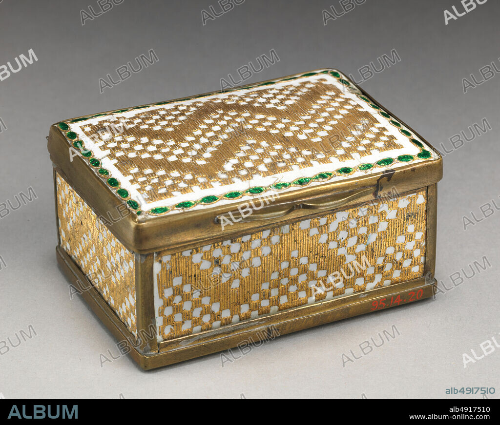 Snuffbox, German, 18th century, German, Enamel on copper, inlaid with gold; copper mounts, 1 3/8 x 2 3/4 x 2 1/8 in. (3.5 x 7.0 x 5.4 cm), Enamels.