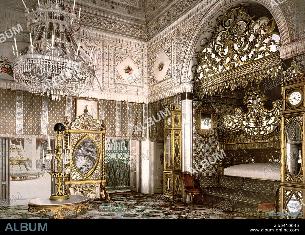 Bedchamber of the late Bey of Tunis in the Kassar-Said Palace in Tunis. Bey was originally the title of the provincial governor. From the early 18th century until French colonial rule began in 1881, the bey was the head of state of the Kingdom of Tunis and nominally subordinate to the Ottoman sultan. It was to one of the first floor staterooms of this palace that, on May 12,1881, the French consul Théodore Roustan brought the French General Jules Aimé Bréart to the Bey's privy council to secure his signature on the Treaty of Bardo. Detroit Publishing Company, 1899.