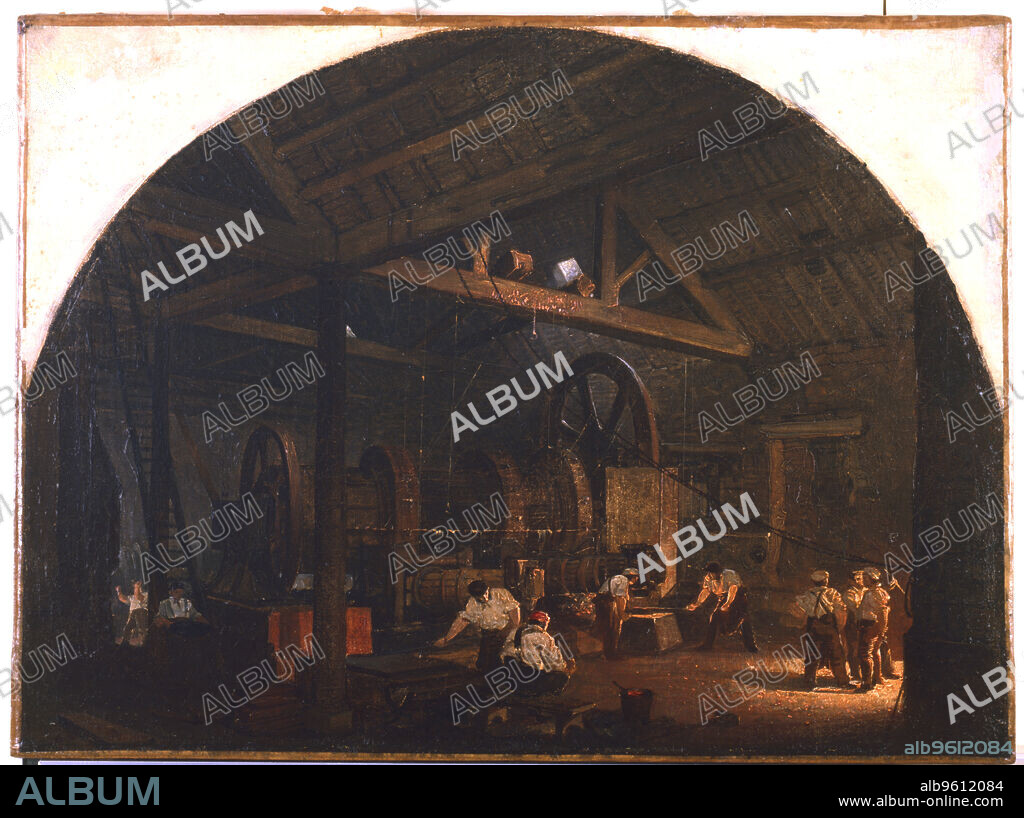 GODFREY SYKES. 'The Tilt Forge', c1845-1866. Iron workers at a battery of mechanical tilt hammers.