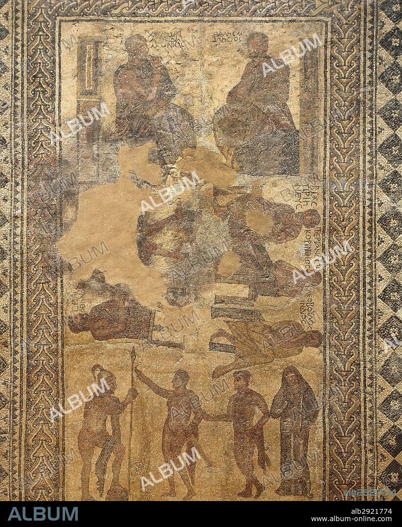 "MOSAICO DE LOS SIETE SABIOS". Representación de LOS SIETE SABIOS GRIEGOS sentados en sus sillones e identificados por la inscripción de su nombre y lugar de origen. En la zona inferior, BRISEIDA es devuelta a Aquiles. Museo Nacional de Arte Romano. Mérida. Provincia de Badajoz. Extremadura. España.