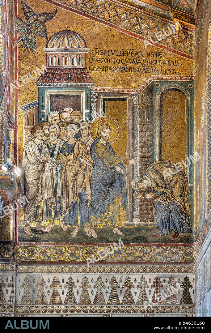 Monreale, Duomo: "Jesus healing the hunchbacked woman from her hump", Byzantine mosaic, Episodes from the life of Christ, XII - XIII centuries. Latin inscription:"IESUS MULIERUM ANNIS DECEM ET OCTO CURVAM ERIGIT ET ARCHI SYNAGOGUM INDIGNATAE INCREPAT" .