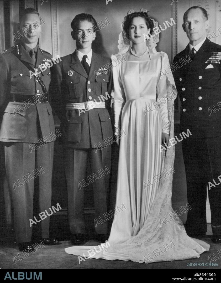 King Peter's Wedding Our Photograph was made in London on the occasion of the wedding of King Peter of Yugoslavia to Princess Alexander of Greece. Left to Right: King George VI of England, the King Peter, Princess Alexandra and King George of the Hellenes. June 6, 1944. (Photo by European).