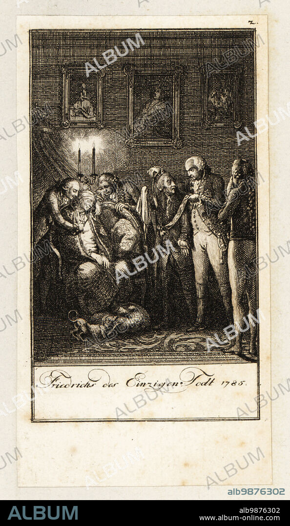 Death of Frederick the Great, King of Prussia, 1785. The king expires in an armchair in his study at Sanssouci surrounded by servants with candles. His nephew Frederick William II removes a sash from one of the king's male coterie. Friedrichs des Einzigen Todt. Copperplate engraving drawn and etched by Daniel Nikolaus Chodowiecki from 12 Blätter Darstellungen aus der neuen Geschichte, 12 Pictures Illustrating Modern History, Germany, 1789.