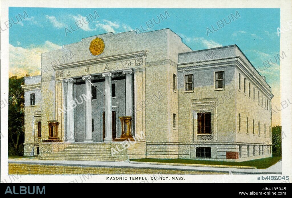 Postcard showing the Quincy Masonic Temple at 1170 Hancock Street, Quincy, Massachusetts, was built in 1926. Quincy Masonic Temple is an outstanding example of a Neoclassical building. The architects, J. Williams Beal, Sons, designed other nearby landmark buildings in downtown Quincy.