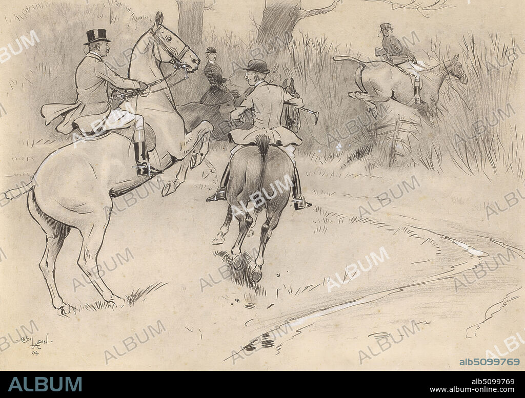 `Hold Back, Sir!', Cecil Charles Windsor Aldin, 18701935, British, 1904, Pen and black ink, graphite, black chalk, and white gouache on medium, slightly textured, blued white, wove paper, Sheet: 9 7/8 × 13 15/16 inches (25.1 × 35.4 cm), Contemporary drawn border: 11 7/8 × 15 15/16 inches (30.2 × 40.5 cm), and Mount: 14 3/8 × 18 1/2 inches (36.5 × 47 cm), grass, horseback riders, horseback riding, horses (animals), jumping, men, rearing (horse), sporting art, trees, woman.
