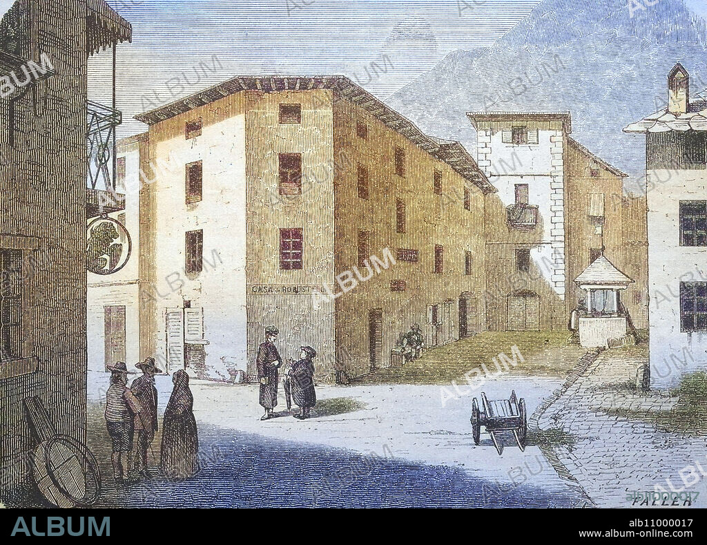 House of Giacomo Robustelli, 1583 - 1646, meeting place of the Valtellina conspirators, the leaders of the Spanish party in Valtellina during the Bundner turmoil between 1618 and 1639, Grosotto, Lombardy region, Italy, around 1885, historical, digitally restored reproduction of a 19th century original.