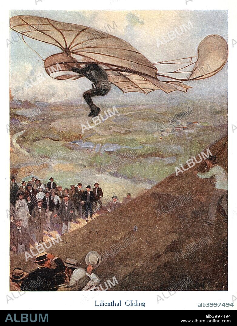 Otto Lilienthal, German aeronaut, early 20th century. Lilienthal taking to the air in one of his gliders. He made more than 2000 flights before being killed in a crash. His pioneering work in aviation influenced the Wright brothers.