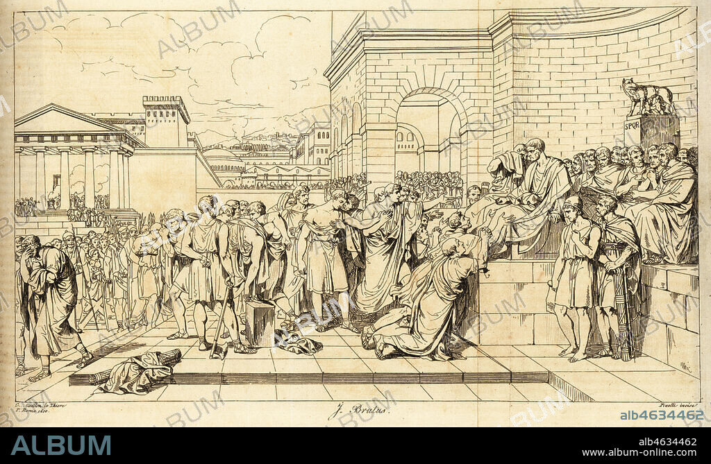 The judgement of Brutus on his sons. From a picture by Guillaume Guillon-Lethière exhibited in Bullocks Museum, London. Copperplate engraving by Pinelli from Rudolph Ackermanns Repository of Arts, London, 1816.
