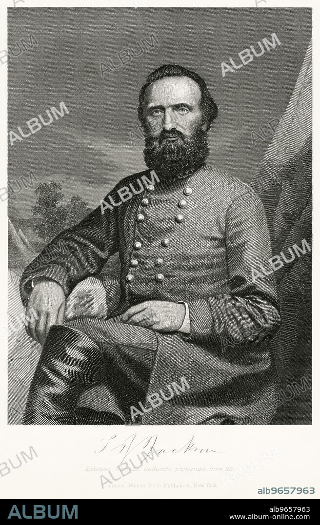 Thomas Jonathan "Stonewall" Jackson (1824-63), Confederate General during American Civil War, Seated Portrait, Steel Engraving, Portrait Gallery of Eminent Men and Women of Europe and America by Evert A. Duyckinck, Published by Henry J. Johnson, Johnson, Wilson & Company, New York, 1873.