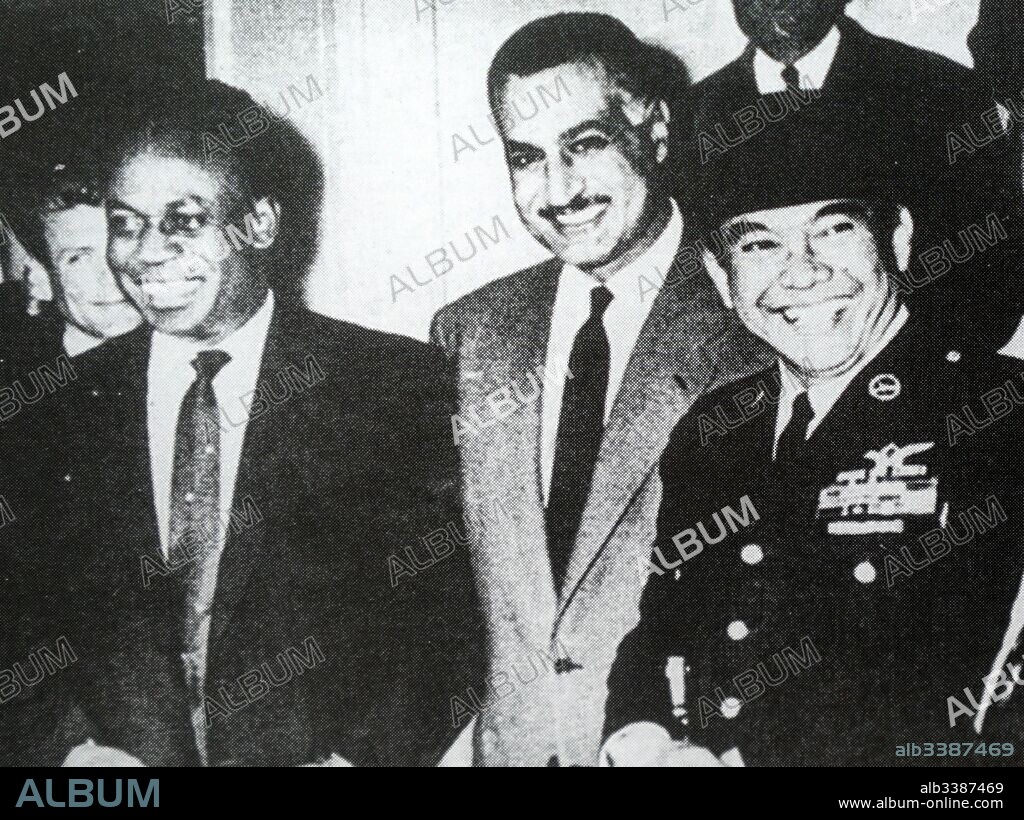 Left to right: Non-Aligned movement meeting with Ghana's Kwame Nkrumah, Egypt's Gamal Nasser and Indonesia's Ahmed Sukarno. Circa 1960.