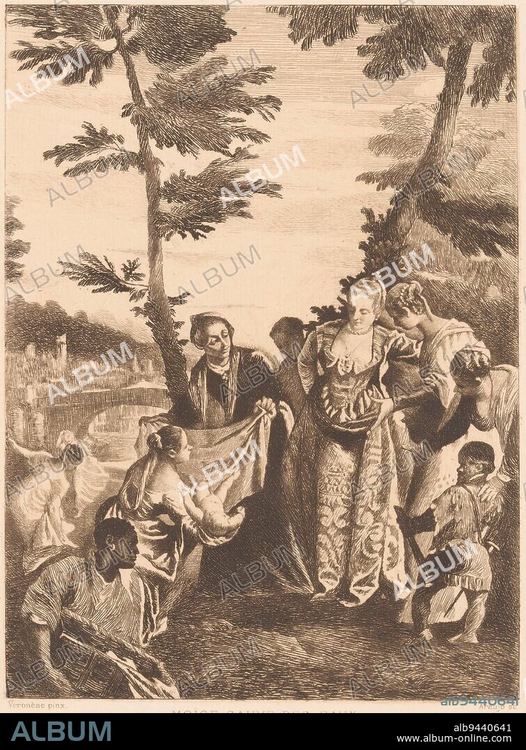 Pharaoh's daughter and her maids find Moses in a rush basket on the bank of the Nile, Moses rescued from the Nile, print maker: Joaquín Araujo Ruano, (mentioned on object), after: Paolo Veronese, (mentioned on object), printer: Imprimerie Eudes, (mentioned on object), print maker: Spain, after: Italy, printer: Paris, 1860 - 1894, paper, etching, h 235 mm - w 172 mm.