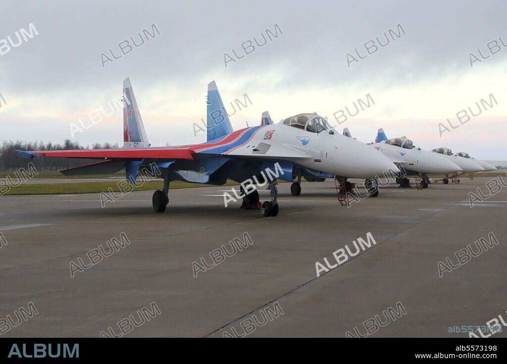 Sukhoi Su-35S jet fighters of the Russian Knights aerobatics team of the Russian Air Force, Kubinka, Russia.