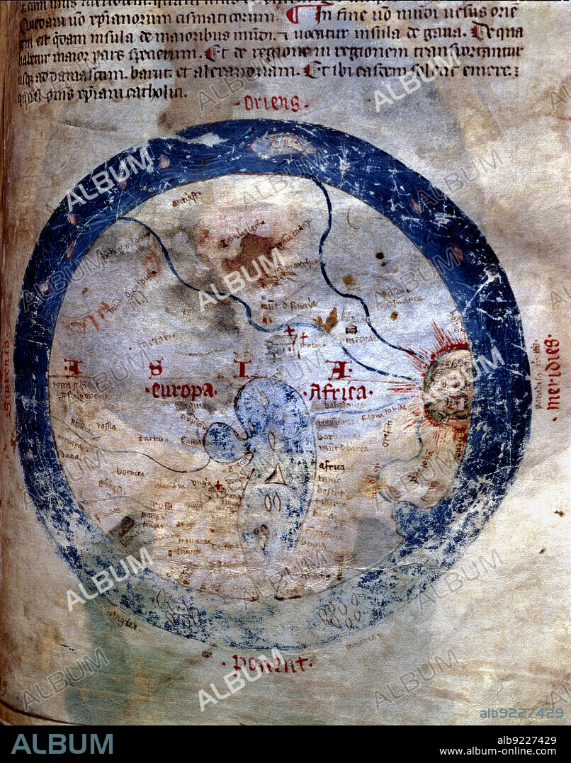 World map, miniature of 'Llibre Vermell de Montserrat', 14th century.