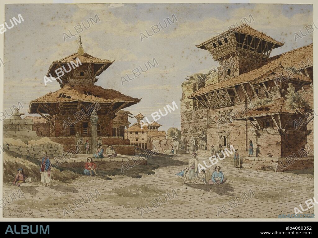 HENRY AMBROSE OLDFIELD. W. end of the Durbar, or Royal Palace, Bhatgaon (Nepal). March 1853.  Inscribed on front in ink: â€˜H.A. Oldfield. Nepalâ€™; on back: â€˜No. 2. Western end of the Durbar, with the Busuntpore, Bhatgaon - Temple of Khrishna (on the left) built A.D. 1586. Smaller temple (on the right) dedicated to Narayn, built A.D. 1435. Sketched March 1853.â€™. [Oldfield collection]. 1853. Watercolour; 10 by 14.25 ins. Source: WD 2836.