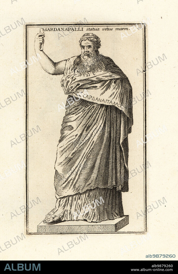 Statue of Dionysus Sardanapalus, Neo-Attic statue of the Greek god Dionysus as an old man with ivy wreath and long beard. Roman copy of a Greek orirginal from the 4th century BC, now in the Vatican. Sardanapalli statua vetus marmorea. Copperplate engraving by Giovanni Battista Cannetti from Copperplates of the most beautiful ancient statues of Rome, Calcografia di piu belle statue antiche a Roma, engraved by Cannetti all'Arco della Ciambella, published by Gaetano Quojani, Rome, 1779.
