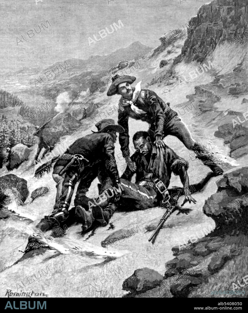 Lt. Clark of the Tenth Calvary, rescued, while under fire, the wounded Corporal Scott. Buffalo Soldiers originally were members of the US 10th Cavalry Regiment of the United States Army. This nickname was given to the "Negro Cavalry" by the Native American tribes they fought in the Indian Wars. Thirteen enlisted men and six officers from these four regiments earned the Medal of Honor during the Indian Wars. Engraving after sketch or painting by Frederic Remington, Harper's Weekly, August 21, 1886.