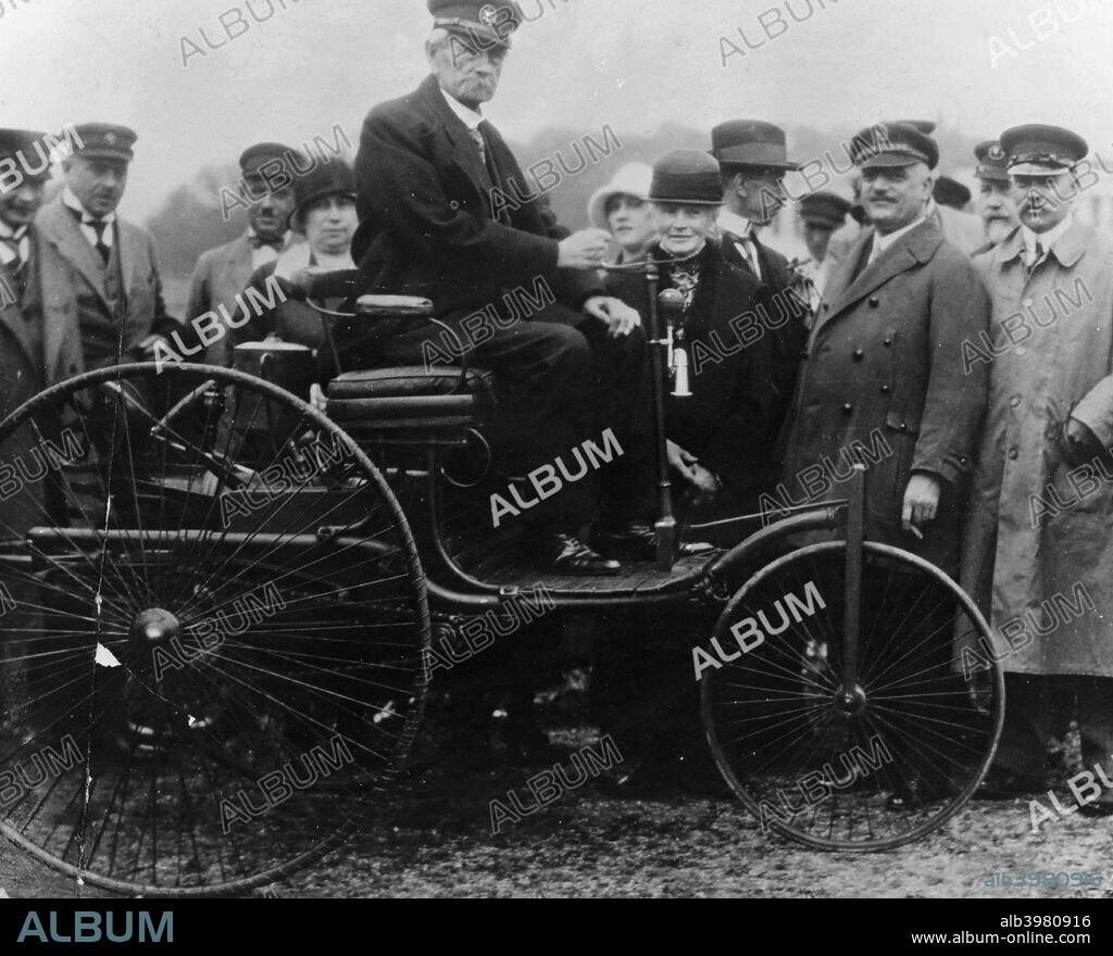 Karl Benz in his Benz motor car, 1886. On 3rd July 1886 Benz showed the first automobile powered by an internal combustion engine, a car that he had designed and built himself. It was originally a three wheeled car, as can be seen in the image. The fourth wheel was added in 1893. His company Benz and Co. manufactured both of these cars.