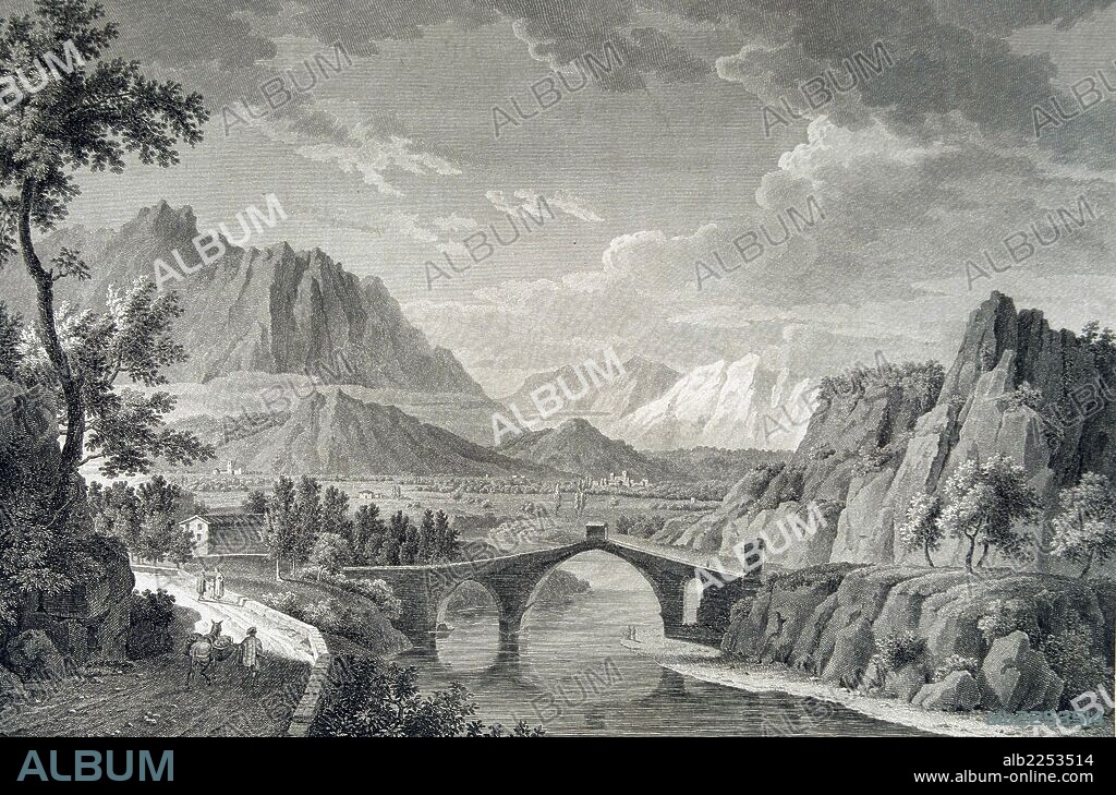 BARCELONA. MARTORELL. VISTA DEL PUENTE Y LA MONTAÑA DE MONTSERRAT. DIBUJO DE MOULINIER. LITOGRAFIA SIGLO XIX.