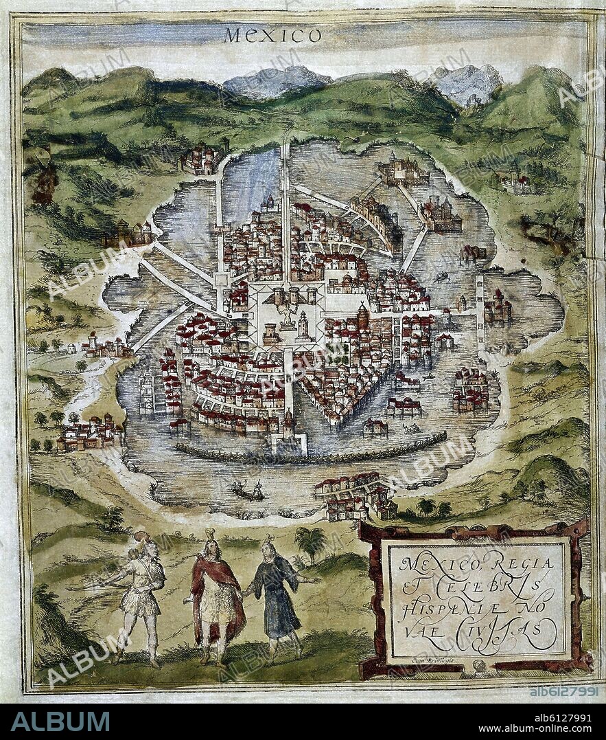 GEORG BRAUN 1541-1622 / FRANS HOGENBERG. CIVITATES ORBIS TERRARUM - PLANO DE LA CIUDAD DE MEXICO - URBANISMO HISPANOAMERICANO - GRABADO - SIGLO XVI.