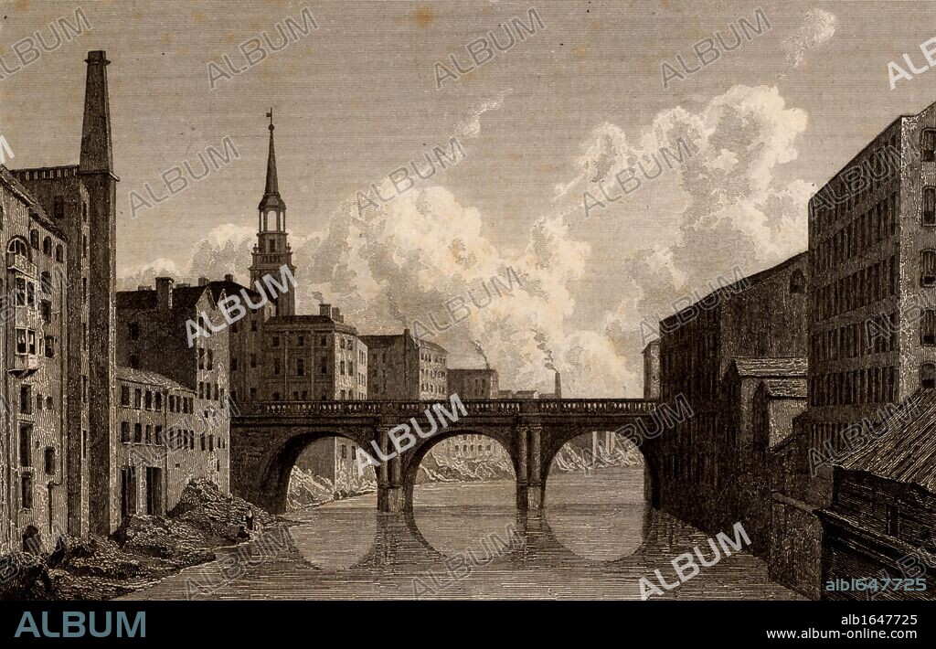 Blackfriars Bridge, Manchester, England, showing cotton mills and industrial buildings along the River Irwell. Illustration by William Westall (1781-1850) for "Great Britain Illustrated" by Thomas Moule (London, 1830). (Photo by: Universal History Archive/UIG via Getty Images).