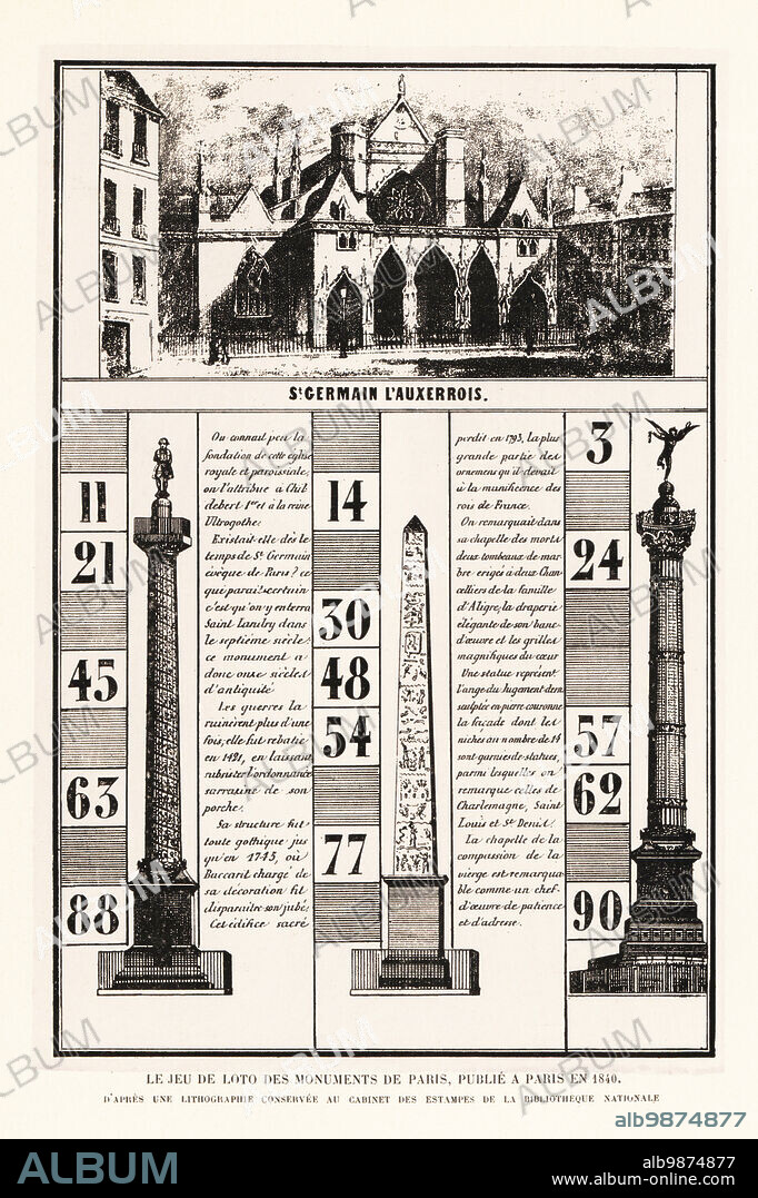 Lotto numbers game featuring Paris monuments, 1840. With St Germain l'Auxerrois church, Vendome Column, Luxor Obelisk and July Column. Le Jeu de Loto des Monuments de Paris, publie a Paris en 1840. Lithograph from Henry Rene dAllemagnes Recreations et Passe-Temps, Games and Pastimes, Hachette, Paris, 1906.