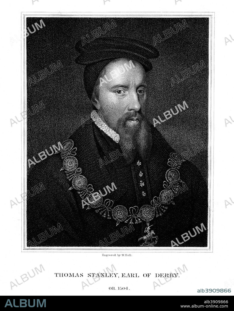 Thomas Stanley, 1st Earl of Derby, English nobleman, (1827). At the Battle of Bosworth Field in 1485, Stanley (1435-1504) and his brother William betrayed Richard III. Thomas is alleged to have retrieved Richard's lost crown from the battlefield and placed it on the head of his stepson, who became King Henry VII.
