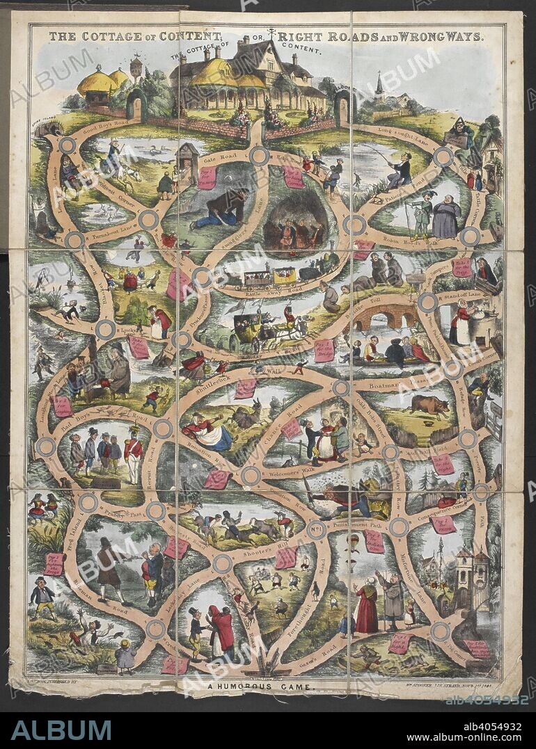 WILLIAM SPOONER. A road map of imaginary, allegorical landscape, to be used as a game.  Previously owned and donated by Waddington plc.   . The cottage of content, or, right roads and wrong ways a humorous game. London : Wm. Spooner, 379 Strand, Novr. 1st 1848. 1 game : hand col., ill ; 54 x 39 cm., fold. to 20 x 15 cm, in cover 21 x 17 cm.; Scale indeterminable. Source: Maps.C.43.b.73.