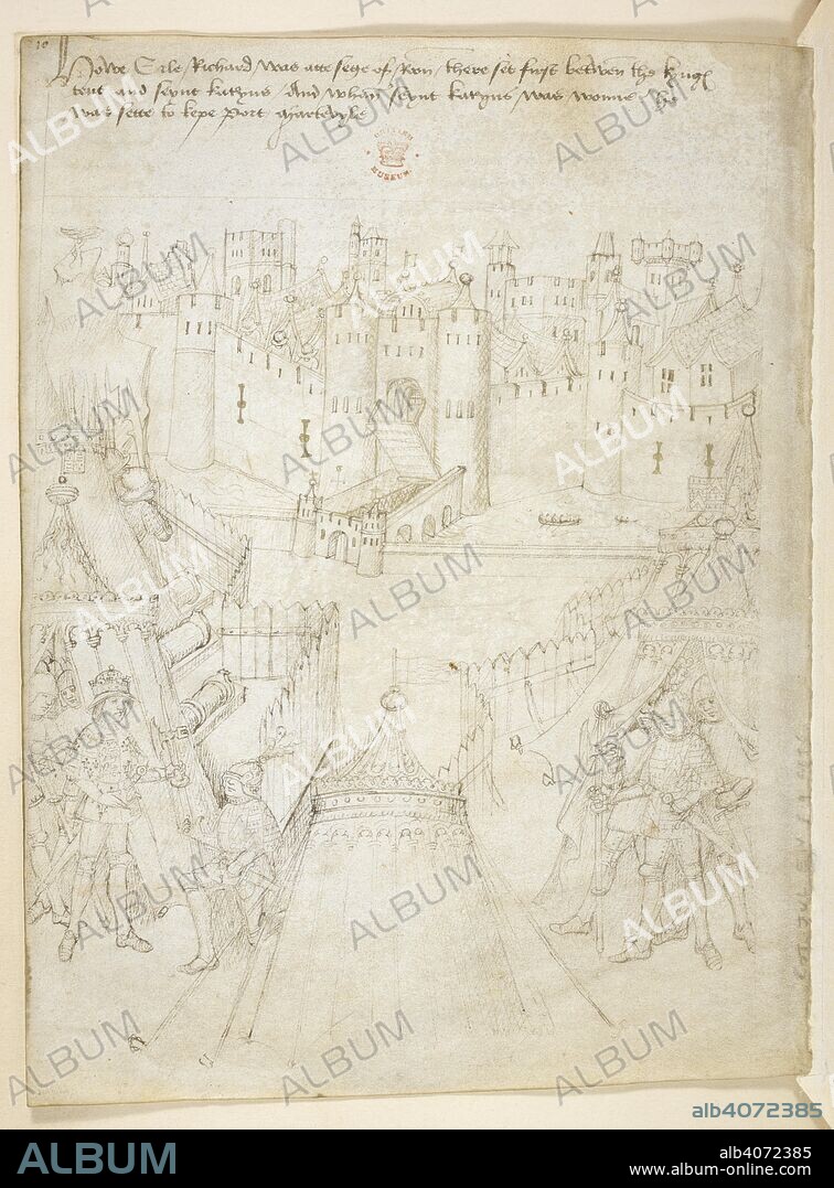 Pageant XXXVIII. Richard Beauchamp, Earl of Warwick, with Henry V at the siege of Rouen, 1418. In the lower half of the picture, there is the . Beauchamp Pageants. S. Netherlands [Bruges?]; after 1483. Source: Cotton Julius E. IV, art. 6, f.19v. Language: English.